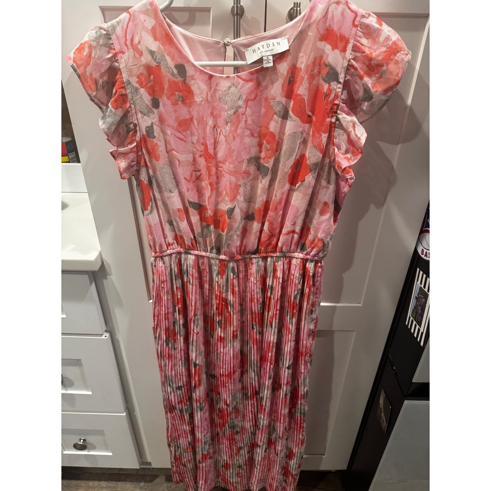 HAYDEN LOS ANGELES Floral Pleated Midi Dress Flutter Sleeve Pink Coral Size S